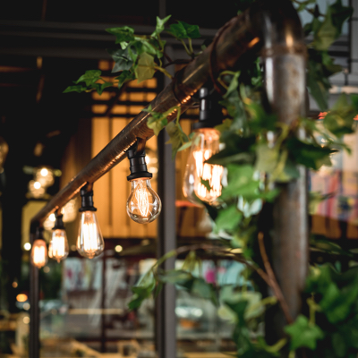 patio string lights with edison bulbs at night