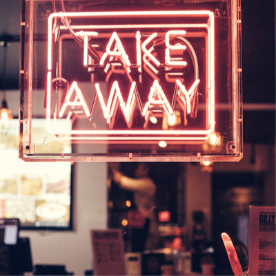 squared red 'Take Away' neon sign outside restaurant window